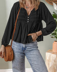 Solid Smocked Split V-Neck Buttoned Blouse