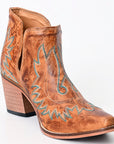 American Darling Women’s Western Ankle Boots Handcrafted Tan Leather Booties with Turquoise Stitching & Side Cutouts