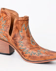 American Darling Women’s Western Ankle Boots Handcrafted Tan Leather Booties with Turquoise Stitching & Side Cutouts