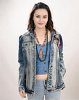 ADJKT018 Genuine leather Hand tooled hand carved Women 100% cotton Denim jacket dress ladies girl
