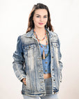 ADJKT023 Genuine leather Hand tooled hand carved Women 100% cotton Denim jacket dress ladies girl