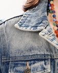 ADJKT023 Genuine leather Hand tooled hand carved Women 100% cotton Denim jacket dress ladies girl