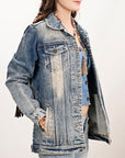 ADJKT023 Genuine leather Hand tooled hand carved Women 100% cotton Denim jacket dress ladies girl