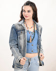 ADJKT023 Genuine leather Hand tooled hand carved Women 100% cotton Denim jacket dress ladies girl