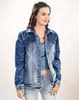 ADJKT028 Genuine leather Hand tooled hand carved Women 100% cotton Denim jacket dress ladies girl
