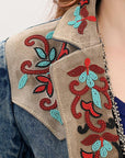 ADBZ031 Genuine leather Hand tooled hand carved Women 100% cotton Denim Blazer dress jacket ladies Girl