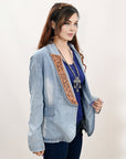 ADBZ039 Genuine leather Hand tooled hand carved Women 100% cotton Denim Blazer dress jacket ladies Girl