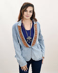 ADBZ039 Genuine leather Hand tooled hand carved Women 100% cotton Denim Blazer dress jacket ladies Girl