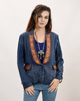 ADBZ040 Genuine leather Hand tooled hand carved Women 100% cotton Denim Blazer dress jacket ladies Girl