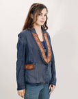 ADBZ040 Genuine leather Hand tooled hand carved Women 100% cotton Denim Blazer dress jacket ladies Girl