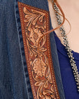 ADBZ040 Genuine leather Hand tooled hand carved Women 100% cotton Denim Blazer dress jacket ladies Girl