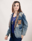 ADBZ041 Genuine leather Hand tooled hand carved Women 100% cotton Denim Blazer dress jacket ladies Girl
