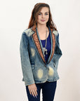 ADBZ042 Genuine leather Hand tooled hand carved Women 100% cotton Denim Blazer dress jacket ladies Girl