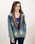 ADBZ042 Genuine leather Hand tooled hand carved Women 100% cotton Denim Blazer dress jacket ladies Girl