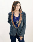 ADBZ043 Genuine leather Hand tooled hand carved Women 100% cotton Denim Blazer dress jacket ladies Girl