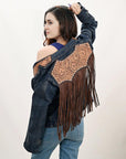 ADBZ044 Genuine leather Hand tooled hand carved Women 100% cotton Denim Blazer dress jacket ladies Girl