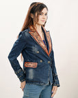 ADBZ046 Genuine leather Hand tooled hand carved Women 100% cotton Denim Blazer dress jacket ladies Girl