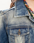 ADJKT030 Genuine leather Hand tooled hand carved Women 100% cotton Denim jacket dress ladies girl