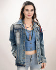 ADJKT030 Genuine leather Hand tooled hand carved Women 100% cotton Denim jacket dress ladies girl