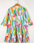 Abstract Ruffle Sleeve Notched V-Neck Dress