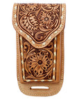 Hilason Western Horse Basket weave Floral Genuine Leather Cell Phone Case Tan