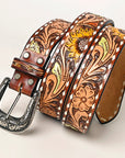 KBBTF102 OHLAY BEAUTIFULLY HAND TOOLED GENUINE AMERICAN LEATHER BELT MEN AND WOMEN