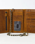 American Tanner Genuine Leather Rodeo Trifold Unisex Wallet With Chain Snap
