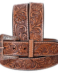 Unisex Western Handmade Full Grain Leather Belt With Floral Tooling