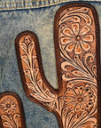 ADJKT021 Genuine leather Hand tooled hand carved Women 100% cotton Denim jacket dress ladies girl