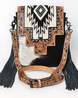 American Darling Messenger Bag for Women, Hand Tooled Floral Leather, Hair-On Cowhide, Woven Saddle Blanket, Genuine Leather