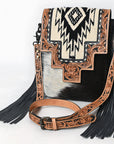 American Darling Messenger Bag for Women, Hand Tooled Floral Leather, Hair-On Cowhide, Woven Saddle Blanket, Genuine Leather