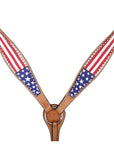 HILASON Western Horse American Leather Headstall & Breast Collar Set Tan US Flag