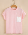 Colorblock Corded Knit Pocketed Crew Neck T-Shirt