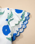 Flower Scallop Contrast Trim Short Sleeve Blouse