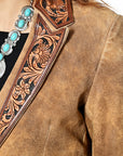 American Darling Women’s Premium Genuine Leather Blazer - Hand-Tooled Western Lapel Jacket, Vintage Brown Cowgirl Coat