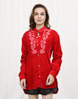 American Darling ADDR003 100% Cotton Denim Women Shirt Jacket Dress Ladies Girl Top Red