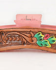 American Darling Floral Long Hair Claw Hand Tooled Carved Genuine Leather Brown Clips Clutcher Gift For Women Girls