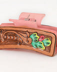 American Darling Floral Long Hair Claw Hand Tooled Carved Genuine Leather Brown Clips Clutcher Gift For Women Girls