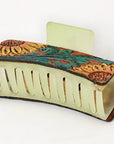 American Darling Floral Long Hair Claw Hand Tooled Carved Genuine Leather Brown Clips Clutcher Gift For Women Girls