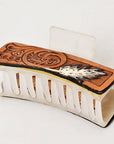 American Darling Floral Long Hair Claw Hand Tooled Carved Genuine Leather Brown Clips Clutcher Gift For Women Girls