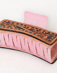 American Darling Floral Long Hair Claw Hand Tooled Carved Genuine Leather Brown Clips Clutcher Gift For Women Girls