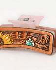 American Darling Floral Long Hair Claw Hand Tooled Carved Genuine Leather Brown Clips Clutcher Gift For Women Girls