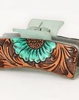 American Darling Floral Long Hair Claw Hand Tooled Carved Genuine Leather Brown Clips Clutcher Gift For Women Girls