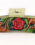 American Darling Floral Long Hair Claw Hand Tooled Carved Genuine Leather Brown Clips Clutcher Gift For Women Girls