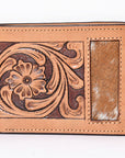 Bar H Equine Floral Genuine Leather Rodeo Bifold Wallet For Men Women Tan Flower Hand Carved & Tooled Wallet