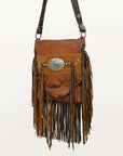 American Darling Messenger Bag Western Hair-On Cowhide Genuine Leather Handcrafted Purse with Fringes and Turquoise Stone