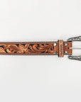 American Darling Hand Tooled Carved Unisex Genuine American Leather Belt Black Inlay Brown