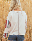 Stripe Waffle Knit Patchwork Raw Edge Henley Top