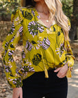 Floral V-Neck Ruffle Trim Long Sleeve Blouse