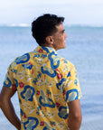 Surfboard Yellow Hawaiian Camp Shirt With Vintage Surf Style For Sunny Vacations